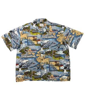 David Carey Originals Shirt Mens XL Alaska Map Print Blue Camp Casual Hawaiian